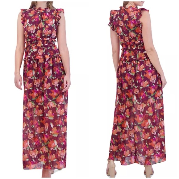 Vince Camuto Multicolor Chiffon Sleeveless Ruffle Floral Maxi Dress Size 4 - Picture 1 of 13